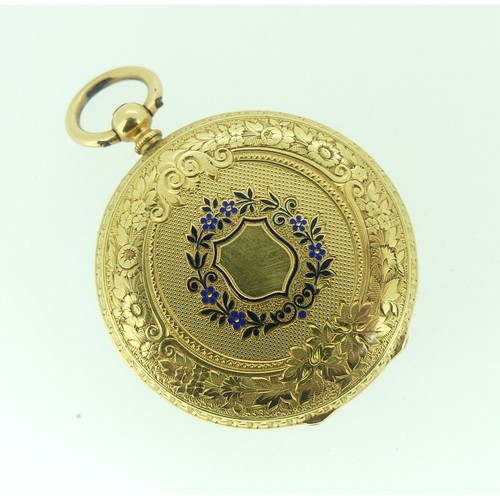 117 - A pretty continental 18k gold and enamel key-wind Pocket Watch, the floral engraved gilt dial with R... 