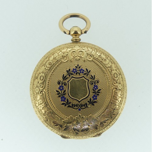 117 - A pretty continental 18k gold and enamel key-wind Pocket Watch, the floral engraved gilt dial with R... 