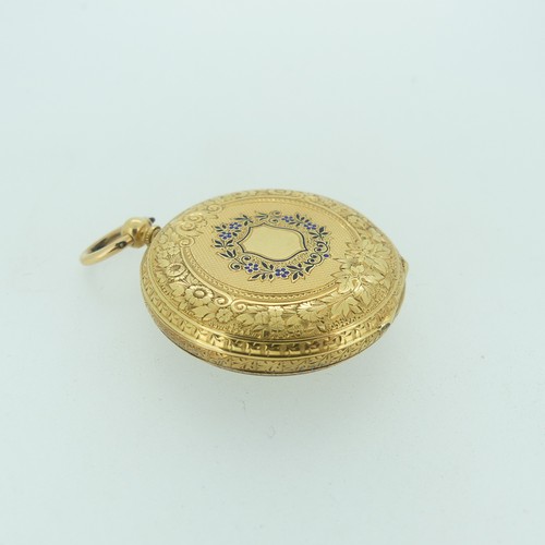 117 - A pretty continental 18k gold and enamel key-wind Pocket Watch, the floral engraved gilt dial with R... 