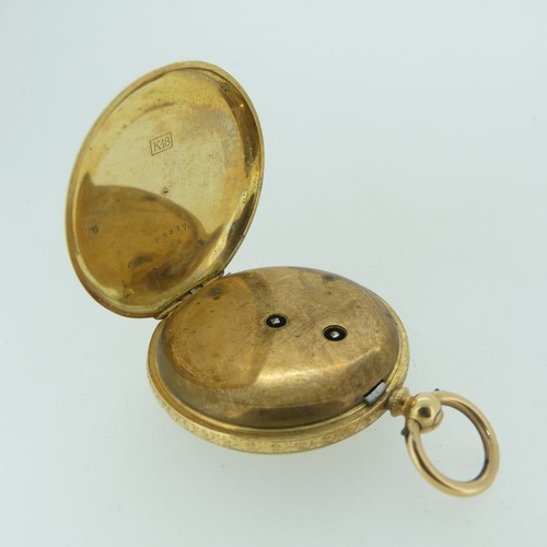 117 - A pretty continental 18k gold and enamel key-wind Pocket Watch, the floral engraved gilt dial with R... 