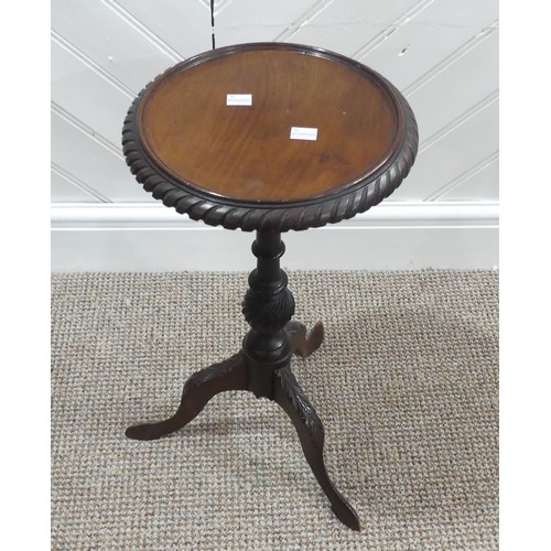 582 - A small Victorian Mahogany wine table, with carved edges H 51cm x 28cm diameter, together with an Ed... 