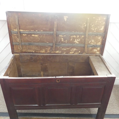 583 - An 18thC three panel oak Coffer, reeded exterior, interior drawer and original hinges raised on stil... 