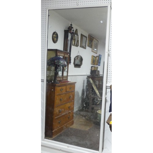 600 - A large vintage shop Mirror, with white painted wooden frame, W 87cm x H 185cm