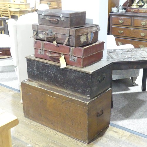 607 - Two stained pine Chests together with three vintage leather suitcases (5)