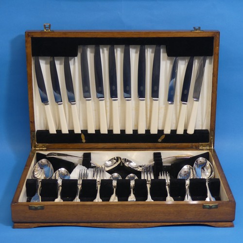 87 - A canteen of matched silver fiddle pattern Flatware, 19thC halllmarks including six serving spoons, ... 