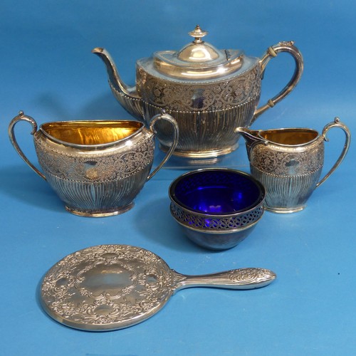 74 - An antique silver plated three-piece Tea Set, together with plated back Hand Mirror, etc, seven piec... 