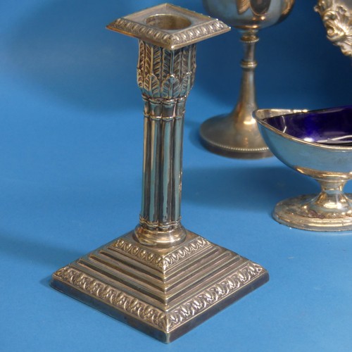 73 - A quantity of Silver Plate, including a pair of early 20thC Corinthian column candlesticks, a salver... 