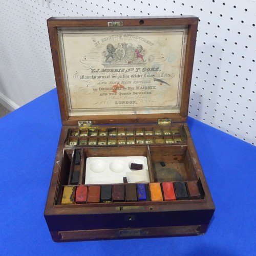 599 - A 19th century mahogany Paint Box, T J Morris & T Gore, Ave Maria Lane, London, of hinged rectan... 