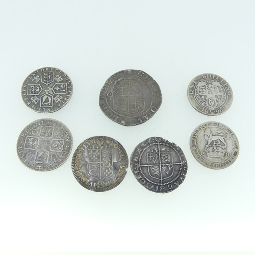 94 - A Charles I silver Shilling, with Portcullis mint mark, together with two Elizabeth I silver sixpenc... 