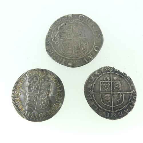 94 - A Charles I silver Shilling, with Portcullis mint mark, together with two Elizabeth I silver sixpenc... 