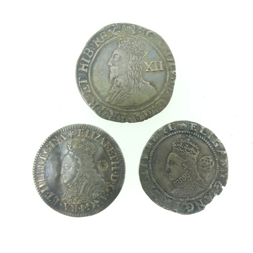 94 - A Charles I silver Shilling, with Portcullis mint mark, together with two Elizabeth I silver sixpenc... 