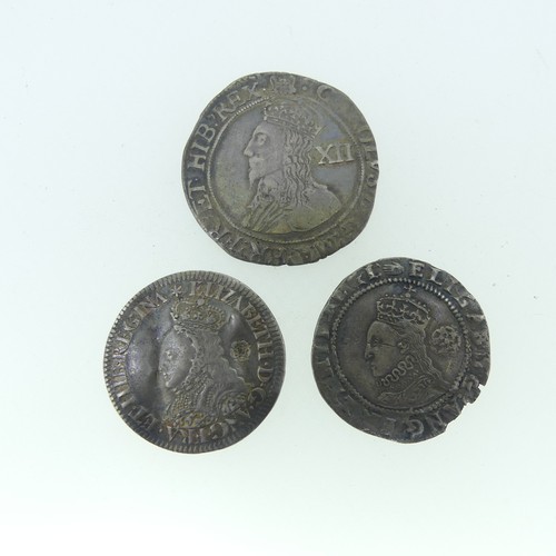 94 - A Charles I silver Shilling, with Portcullis mint mark, together with two Elizabeth I silver sixpenc... 