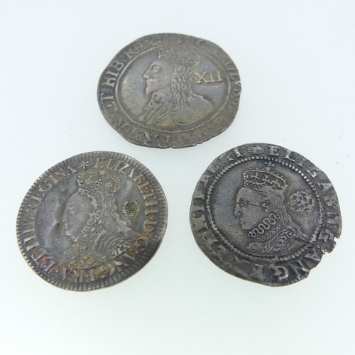 94 - A Charles I silver Shilling, with Portcullis mint mark, together with two Elizabeth I silver sixpenc... 