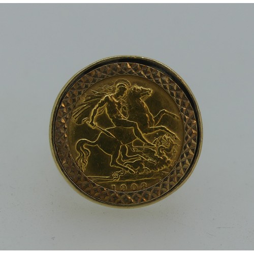 103 - An Edwardian gold Half Sovereign, dated 1908, in 9ct yellow gold ring mount, approx total weight 11.... 