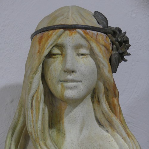 642 - A Tudor Gate 'Water Nymph' stoneware garden Bust, circa 1993, in the Art Nouveau style, on socle bas... 