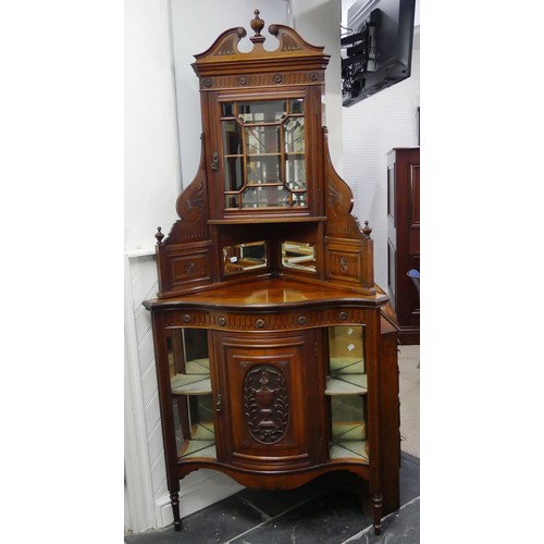 608 - A late Victorian/Edwardian mahogany mirror-back Corner Cabinet, the upper part with astragal-glazed ... 