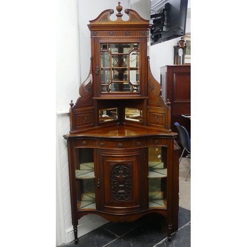 608 - A late Victorian/Edwardian mahogany mirror-back Corner Cabinet, the upper part with astragal-glazed ... 