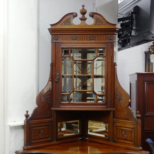 608 - A late Victorian/Edwardian mahogany mirror-back Corner Cabinet, the upper part with astragal-glazed ... 