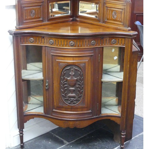 608 - A late Victorian/Edwardian mahogany mirror-back Corner Cabinet, the upper part with astragal-glazed ... 