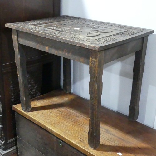 602 - An early 20thC carved oak side Table, W 74cm x H 60cm x D 53cm, together with a plain oak coffer... 