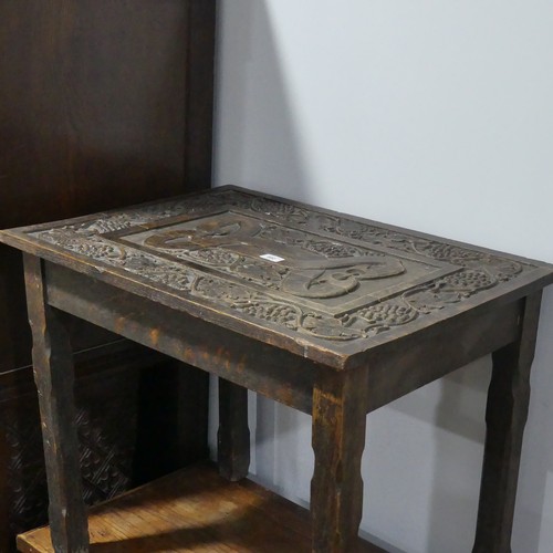 602 - An early 20thC carved oak side Table, W 74cm x H 60cm x D 53cm, together with a plain oak coffer... 