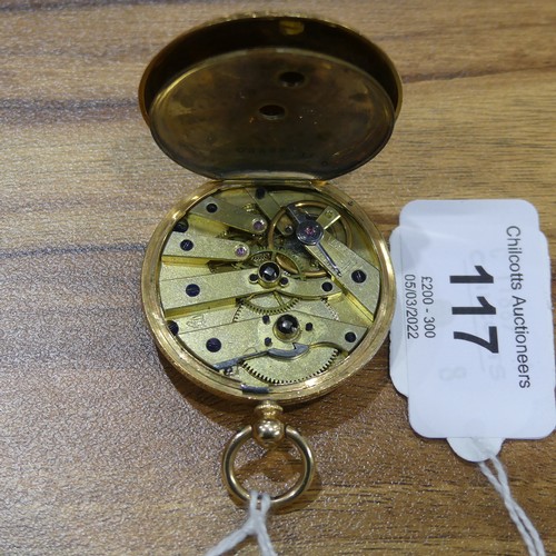 117 - A pretty continental 18k gold and enamel key-wind Pocket Watch, the floral engraved gilt dial with R... 