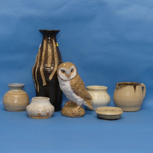 55 - A quantity of Studio Pottery, to include Squat Vase, lidded Urn, owl, Jug, etc, all by the same hand... 