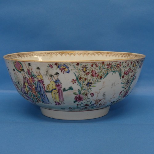 153 - An 18thC Chinese porcelain famille rose Bowl, depicting scenes of wealthy figures arriving by cart, ... 