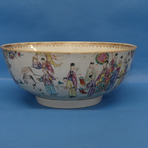 153 - An 18thC Chinese porcelain famille rose Bowl, depicting scenes of wealthy figures arriving by cart, ... 