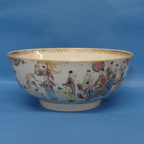 153 - An 18thC Chinese porcelain famille rose Bowl, depicting scenes of wealthy figures arriving by cart, ... 