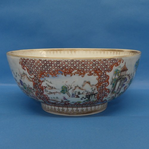 154 - An 18thC Chinese porcelain famille rose Bowl, decorated in mountainous scenes interspersed with scen... 