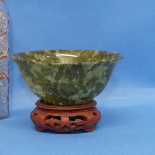 165 - A pair of vintage spinach Jade Bowls, with corresponding stands, Diameter 12.5cm, together with an O... 