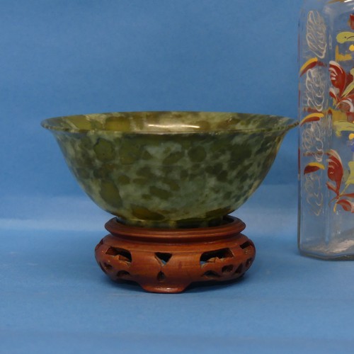 165 - A pair of vintage spinach Jade Bowls, with corresponding stands, Diameter 12.5cm, together with an O... 