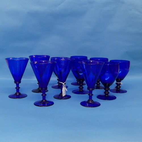 96 - A set of six Bristol blue Wine Glasses, H 14cm, together with five blue conical Wine Glasses, H 15cm... 