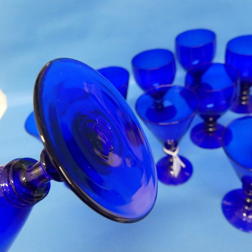 96 - A set of six Bristol blue Wine Glasses, H 14cm, together with five blue conical Wine Glasses, H 15cm... 