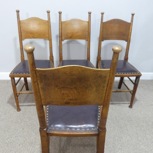 432 - A set of four Arts & Crafts oak Dining Chairs, by William Birch, with leather upholstery, raised... 