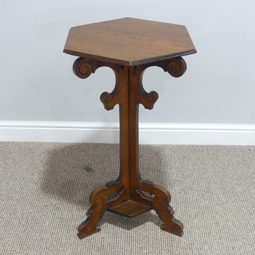 434 - An early 20thC oak Gothic-style Plant Stand, with hexagonal top, raised on tripod stem, W 46cm x D46... 