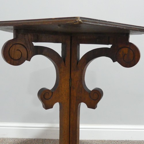 434 - An early 20thC oak Gothic-style Plant Stand, with hexagonal top, raised on tripod stem, W 46cm x D46... 