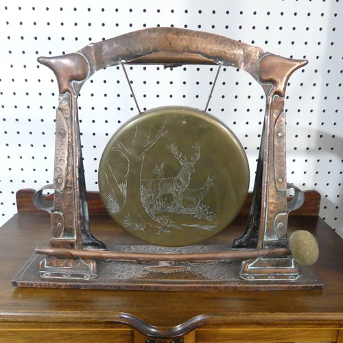 473 - An Arts & Crafts copper table-top Gong on Stand, attributed to J & F Pool of Hayle, with eng... 