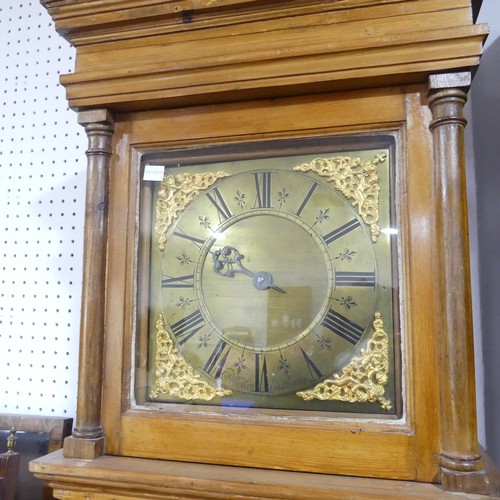 445 - A pine 30-hour Longcase Clock, R'd Weller, Eastborne, the 10in square brass dial with single hand, b... 