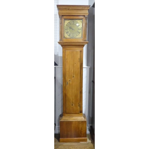 445 - A pine 30-hour Longcase Clock, R'd Weller, Eastborne, the 10in square brass dial with single hand, b... 