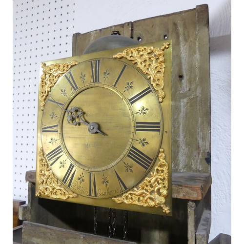 445 - A pine 30-hour Longcase Clock, R'd Weller, Eastborne, the 10in square brass dial with single hand, b... 