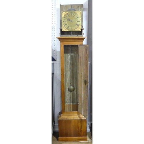 445 - A pine 30-hour Longcase Clock, R'd Weller, Eastborne, the 10in square brass dial with single hand, b... 