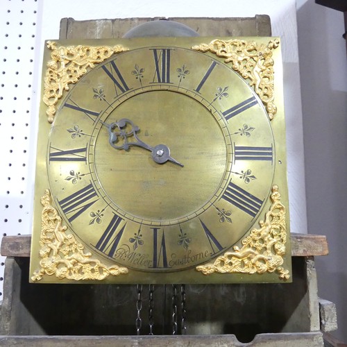 445 - A pine 30-hour Longcase Clock, R'd Weller, Eastborne, the 10in square brass dial with single hand, b... 