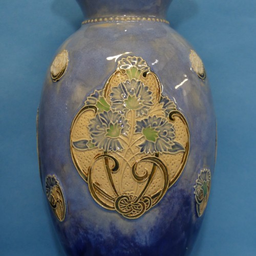 102 - A Royal Doulton stoneware baluster Vase, by Maud Bowden, decorated in blue ground with tubelining, t... 