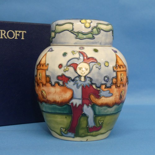 106 - A Moorcroft Collectors Club Ginger Jar, decorated as a Jester at a Fayre, dated 97, with correspondi... 