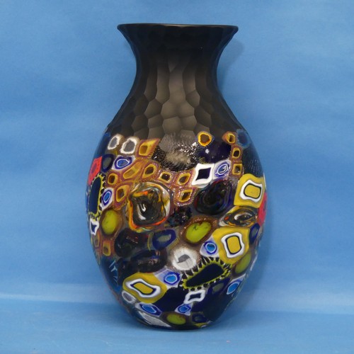 108 - A Massimiliano Schiavon for Murano art glass Vase, the black opaque battuto cut neck upon colourful ... 