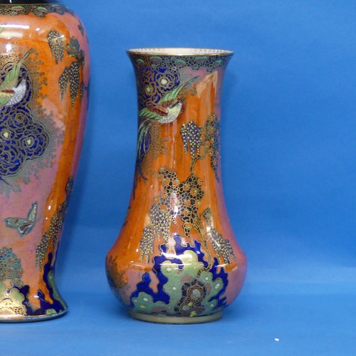 122 - A near pair of Carltonware Vases, with orange ground, decorated in exotic birds and butterfly, toget... 