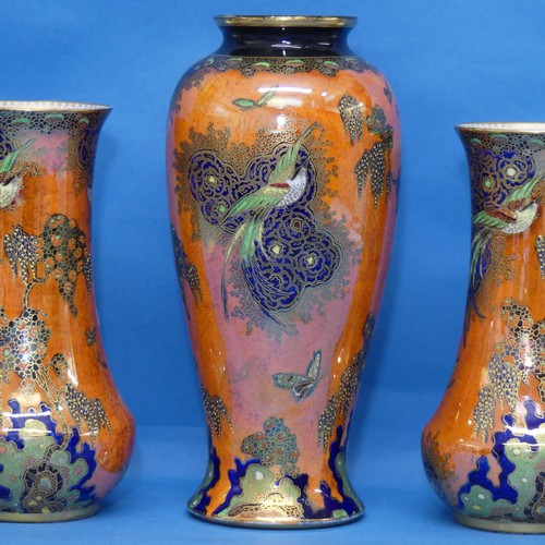 122 - A near pair of Carltonware Vases, with orange ground, decorated in exotic birds and butterfly, toget... 