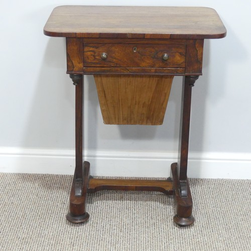 457 - A 19thC rosewood Sewing Table, with single fitted frieze drawer, and bag below, on trestle base and ... 